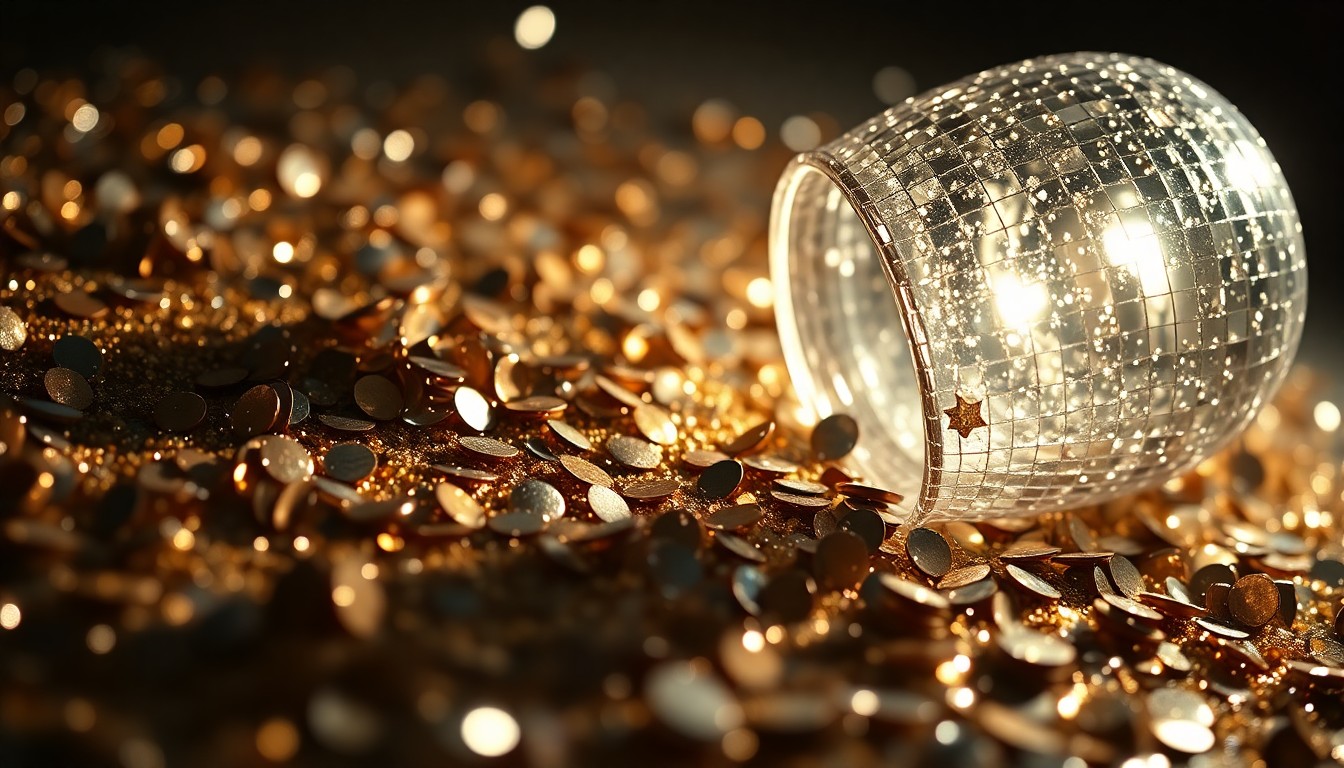 An extreme close-up photograph of shimmering sequins and shattered glass in dramatic studio lighting, conveying the opulent and intimate nature of Demi Lovato's celebrity romance.