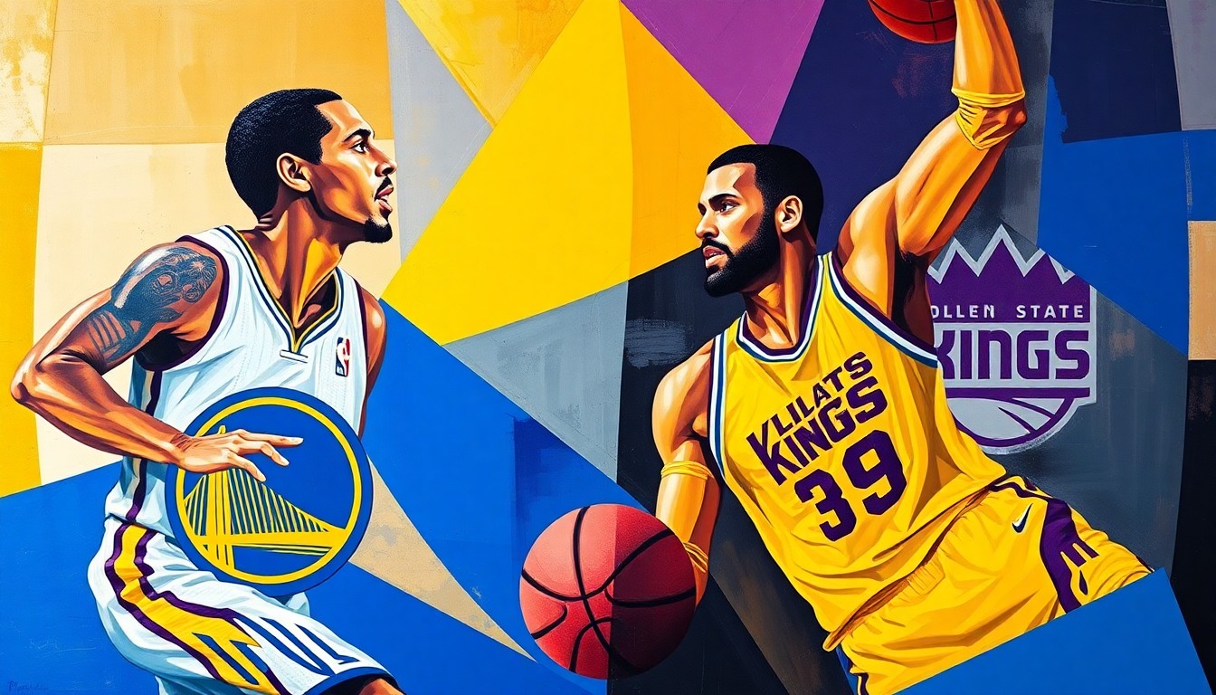 A cubist, multi-perspective painting depicting a basketball game between the Golden State Warriors and Sacramento Kings. The players' forms are broken down into sharp, overlapping geometric planes of vibrant colors including the teams' official palettes.