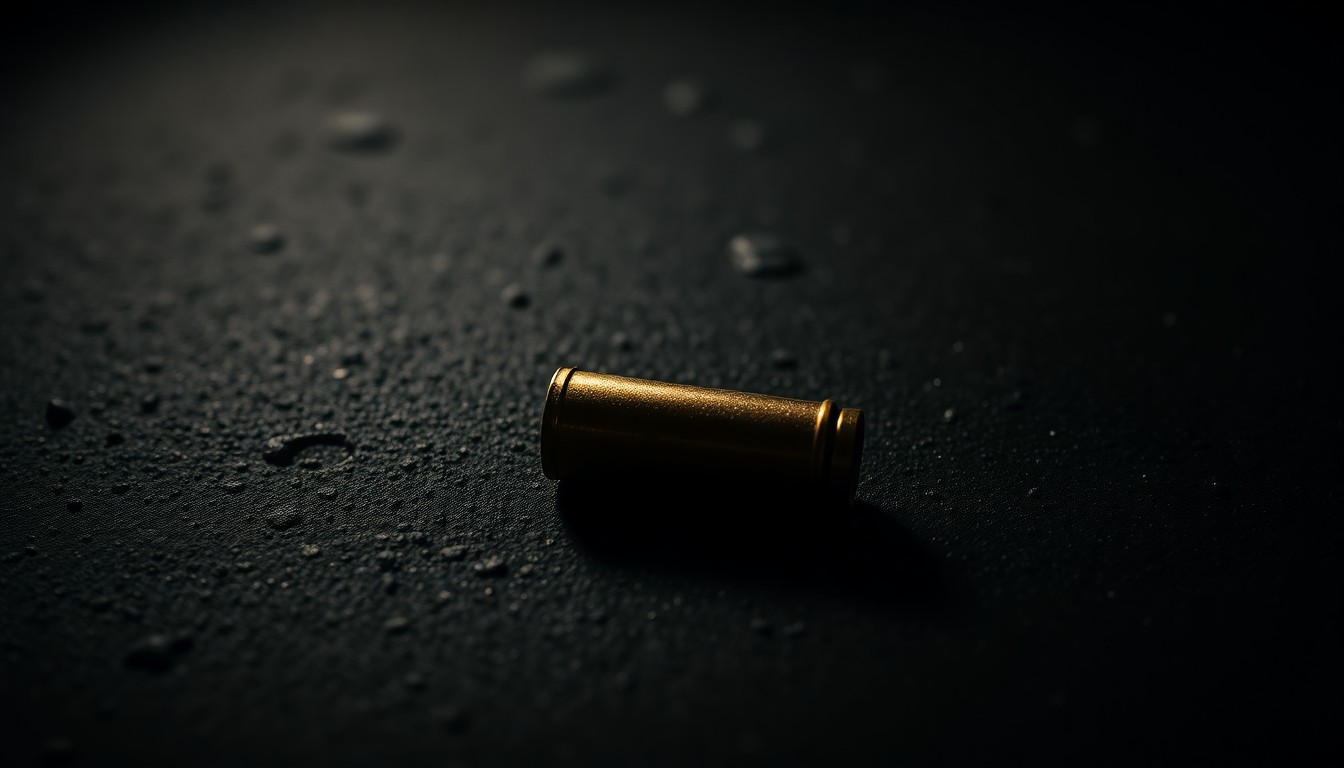 An extreme close-up of a single spent shell casing on a dark, textured surface, lit by a harsh, direct camera flash, conceptually representing the aftermath of a fatal shooting incident.