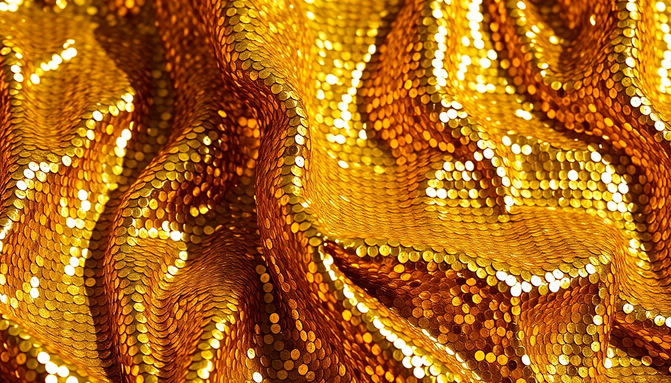 An extreme close-up photograph of a crumpled, glittering gold sequin fabric, reflecting dramatic studio lighting to create a high-contrast, high-fashion aesthetic, conceptually representing the glamour and fragility of legendary country music performers.