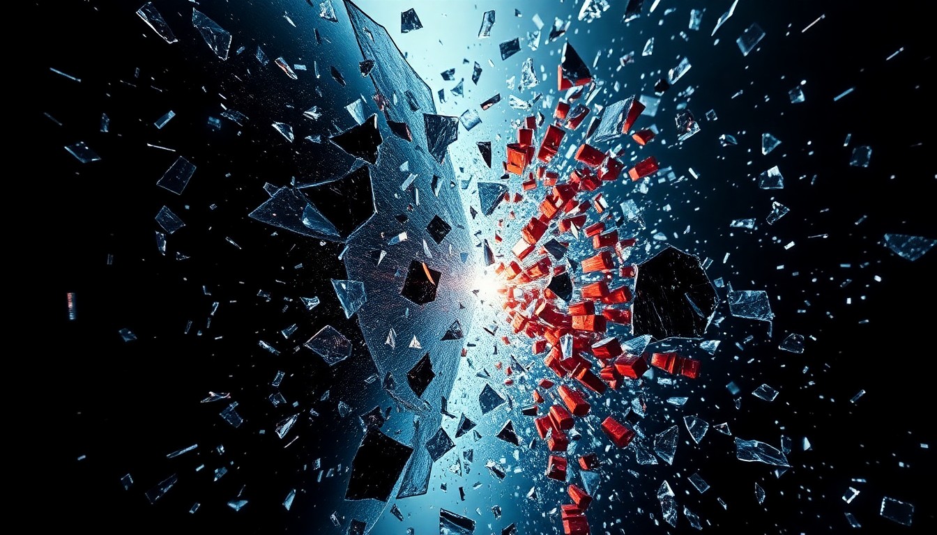 An extreme close-up of shattered, reflective glass and metallic surfaces in dramatic, high-contrast studio lighting, conceptually representing the tension and anticipation surrounding the upcoming box office showdown between major sci-fi films.