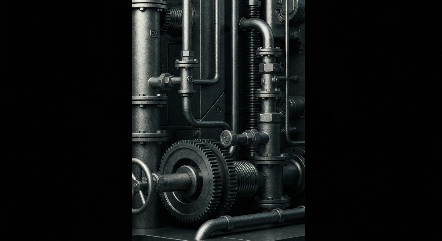 An extreme close-up of intricate, industrial banking machinery in muted tones, conveying the complex, high-stakes mechanics underlying global finance.