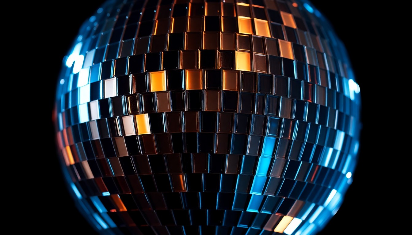 An abstract close-up photograph of a highly reflective, shimmering disco ball texture, capturing the dramatic lighting and high-contrast aesthetic of a professional television set.