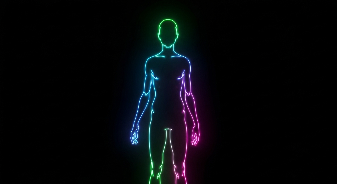 A glowing neon outline of a person's silhouette in shades of green, blue, and pink against a dark background, conceptually representing the energy and urgency of a global health campaign.
