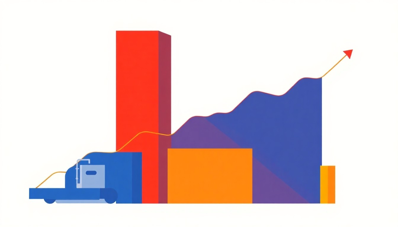 A vibrant abstract illustration composed of overlapping triangles and circles in shades of blue, red, and yellow, conveying a sense of economic growth and activity without any literal financial symbols or text.