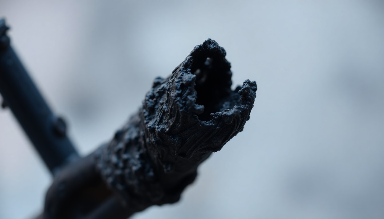 An extreme close-up photograph of a charred, twisted piece of metal or wood, conveying the aftermath of a small fire and the challenges faced by firefighters.