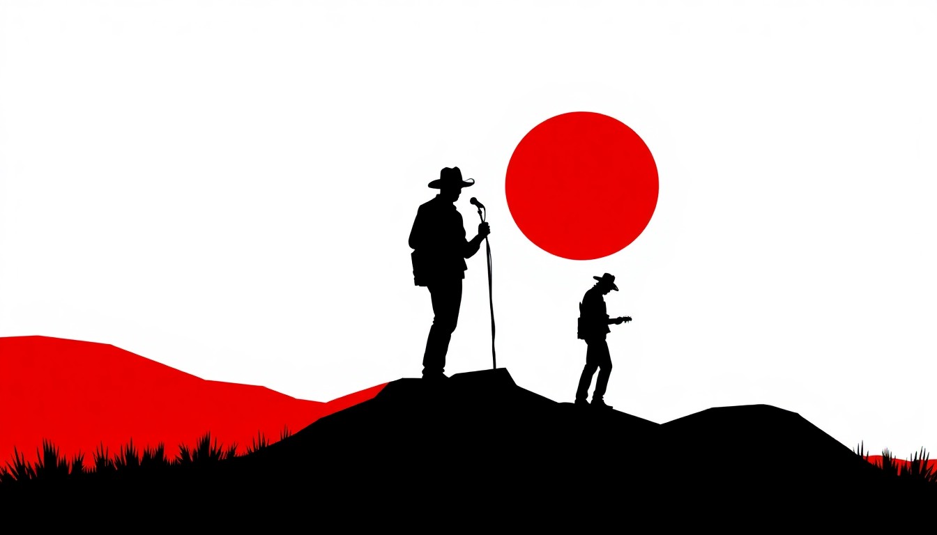 A minimalist, abstract illustration featuring bold, jagged shapes and silhouettes in high-contrast colors, conceptually representing the musical collaboration between country artists.