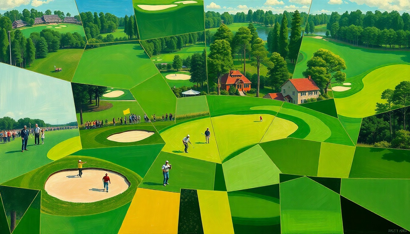 A cubist, geometric painting depicting the Augusta National golf course with overlapping planes of green fairways, sand traps, and blurred figures of golfers in motion, conceptually representing the unpredictable nature of the Masters tournament.