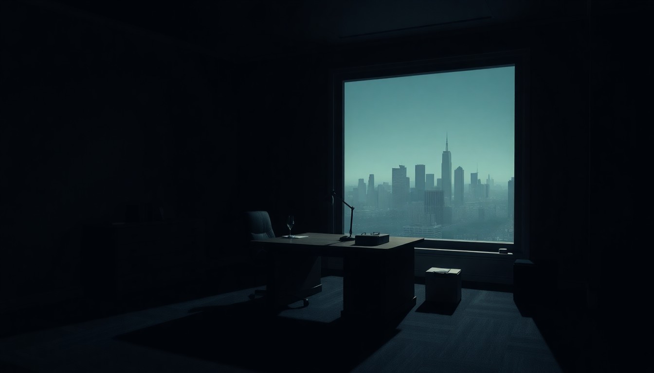 A dimly lit government office at night, with a lone desk lamp casting long shadows across the sparse room. The scene conveys a sense of isolation and the weight of decision-making.