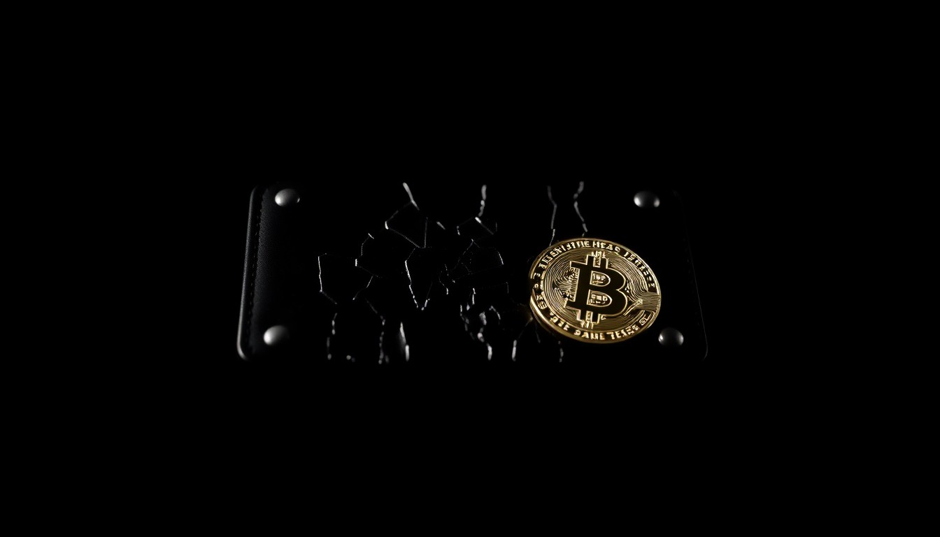 An extreme close-up of a damaged Bitcoin hardware wallet reflecting a harsh, direct camera flash, conceptually illustrating the role of cryptocurrency in a criminal investigation.