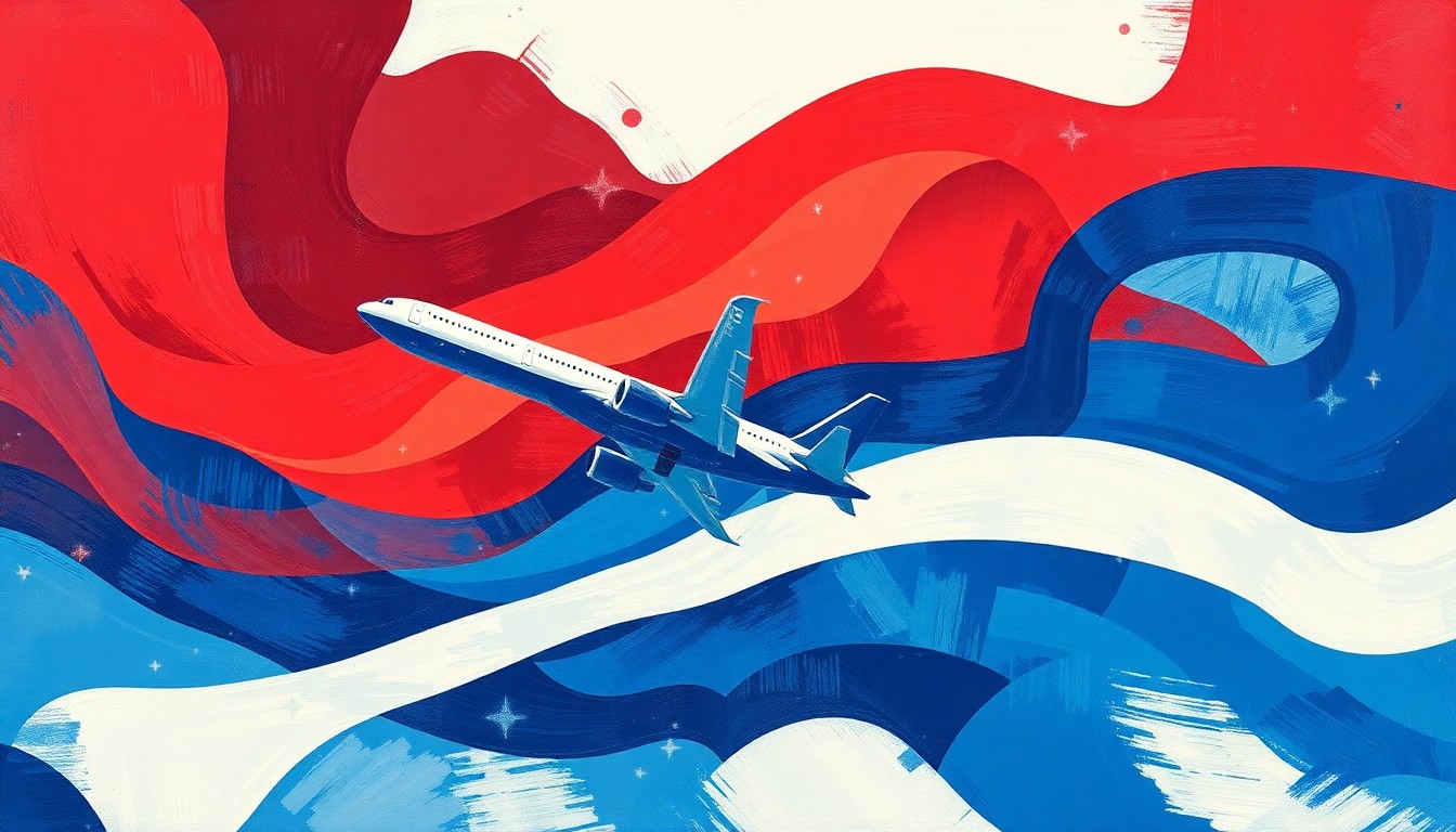 An abstract, fragmented painting of an airplane in red, white, and blue, conveying the divisive political nature of the airport renaming proposal.