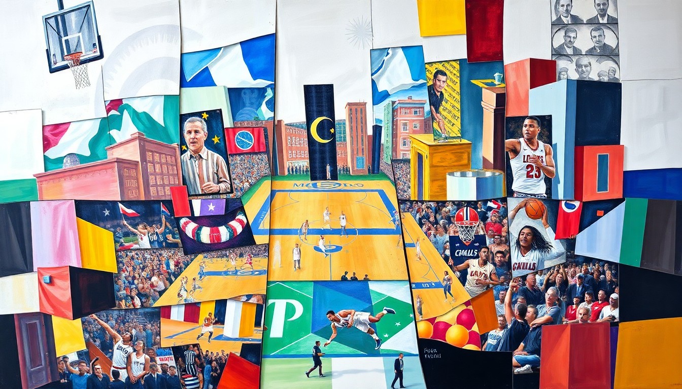 A cubist, geometric painting depicting fragmented scenes of various Miami sports events and competitions, conveying the multifaceted nature of the city's vibrant sports landscape.