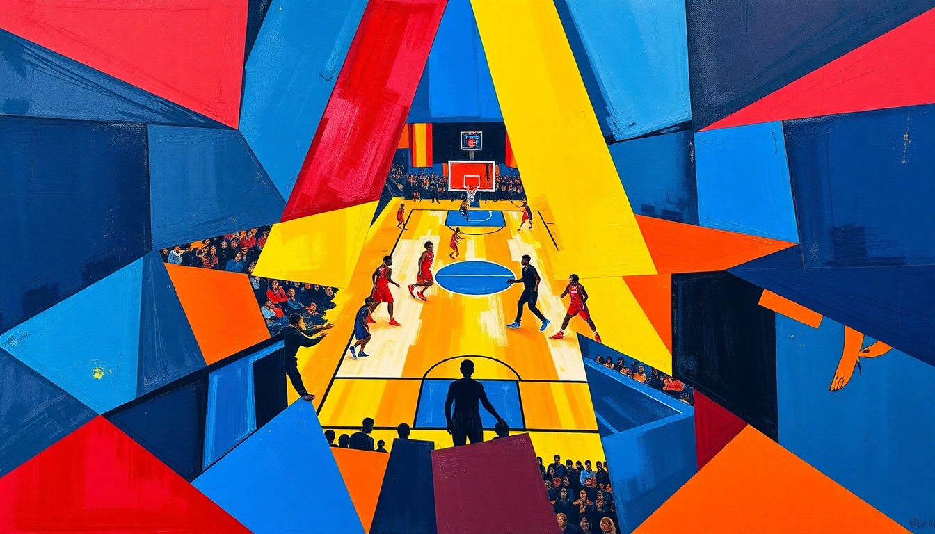 A fragmented, cubist-style painting depicting the dynamic movements and energy of a WNBA basketball game, with sharp planes of color and form capturing the sport's intensity.