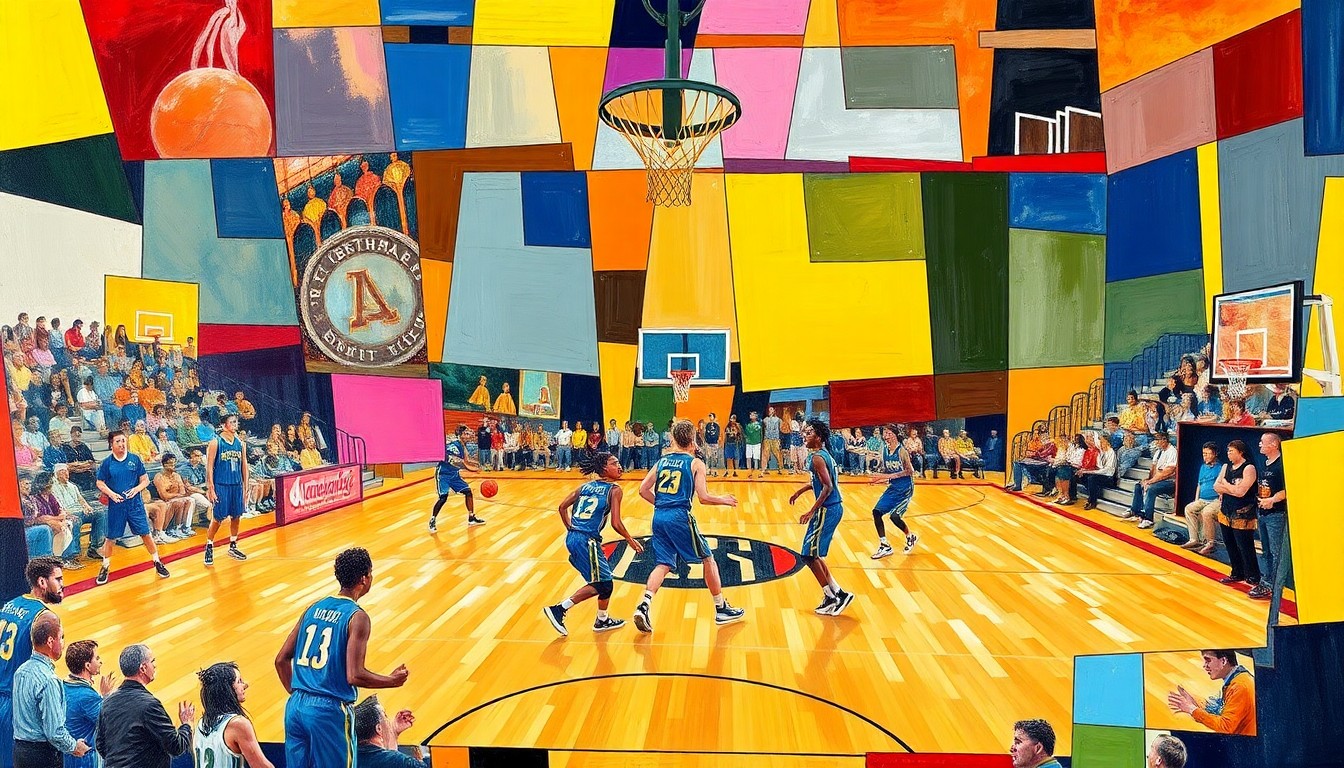 A cubist-style painting featuring overlapping geometric shapes and planes in the team colors of Pewamo-Westphalia High School, capturing the dynamic movement and energy of a basketball game.