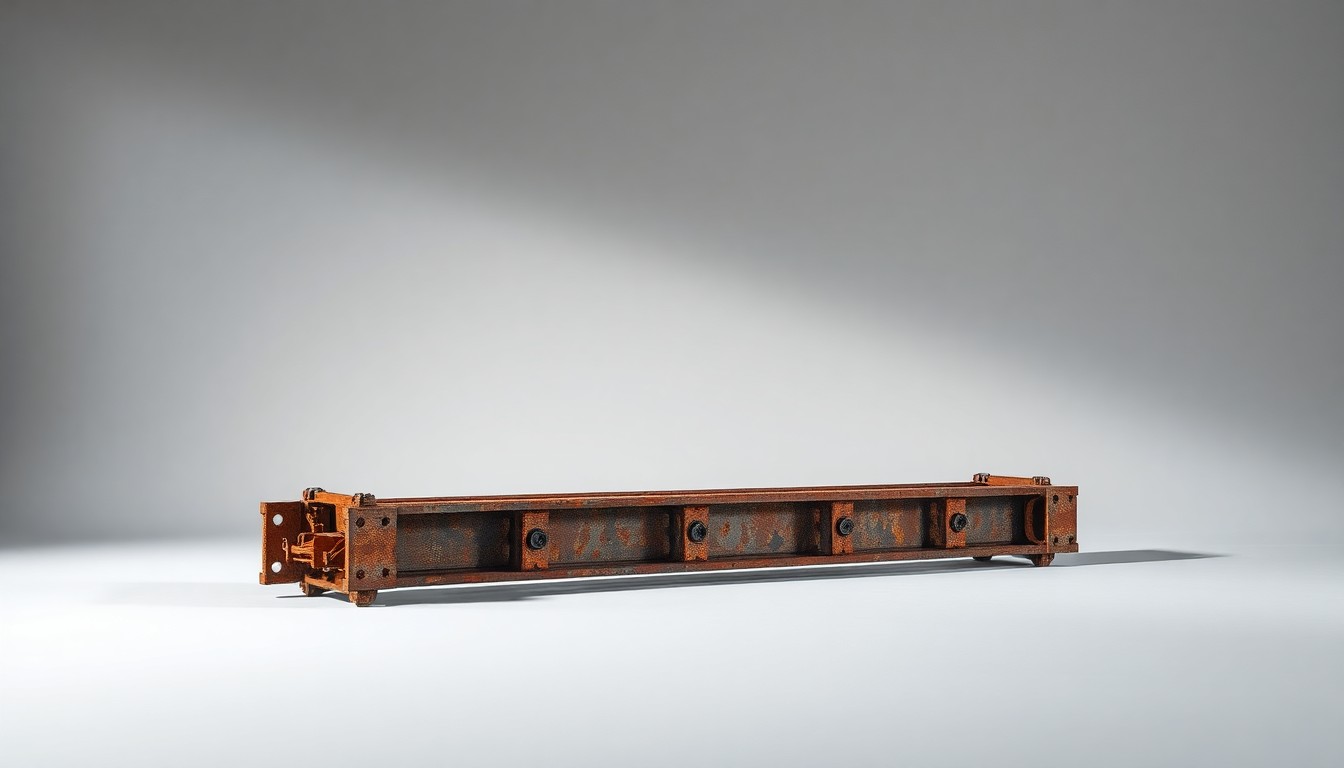 A photorealistic studio still-life image featuring a rusted metal bridge girder resting on a clean, monochromatic background, conveying the abstract challenges of securing infrastructure funding.