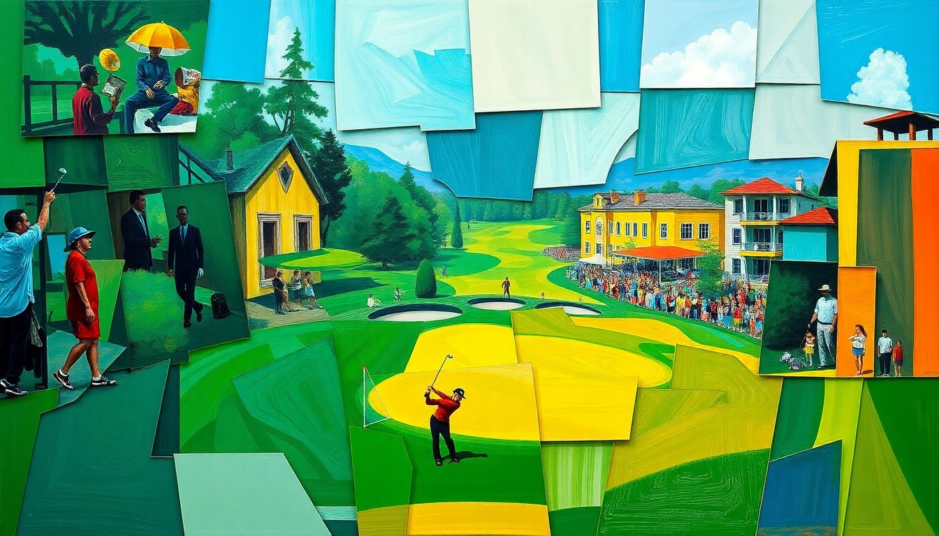 A cubist, geometric painting depicting a fragmented golf tournament scene, with overlapping planes of vibrant green, blue, and yellow hues conveying the energy and anticipation of the Masters' opening round.