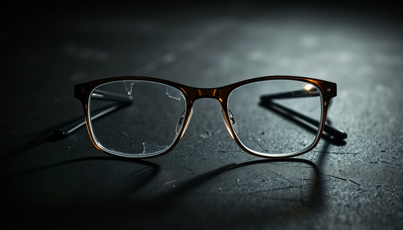 An extreme close-up of a pair of broken eyeglasses on a dark, textured surface, conceptually representing the aftermath of a violent assault.