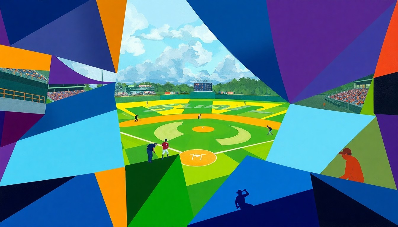 A fragmented, geometric painting depicting a high school softball game, with sharp planes of color representing the two teams in action.