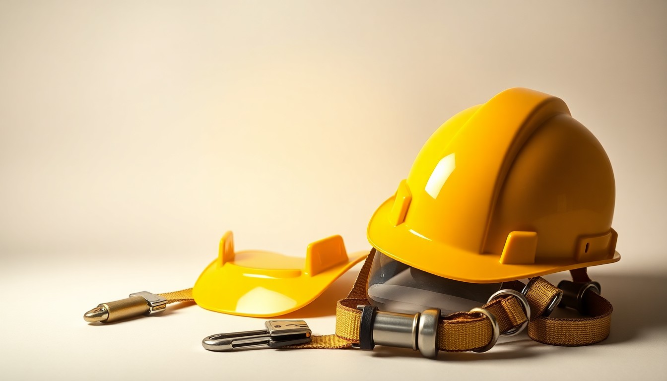 A high-end, photorealistic studio still life featuring a construction hard hat, safety harness, and other premium construction equipment arranged elegantly on a clean, monochromatic background, conceptually representing the abstract legal framework and worker safety concerns surrounding the New York Scaffold Law.