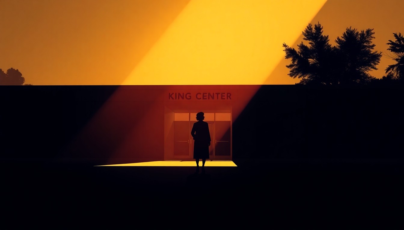 A quiet, cinematic painting of a solitary figure standing in front of a building, bathed in warm, diagonal sunlight and deep shadows, conveying a sense of contemplation and reverence.