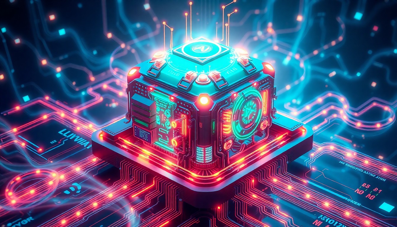 A highly detailed, glowing 3D illustration of a futuristic AI communications hub, with pulsing neon lights and intricate cybernetic components, representing the power and complexity of the OliviaAI platform.