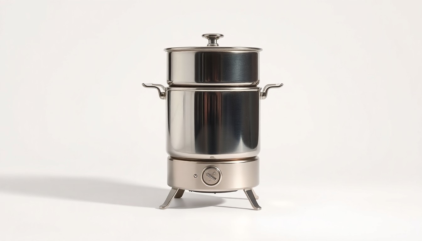 A highly detailed, photorealistic studio photograph of a sleek, metallic cookstove set against a plain white background, symbolizing the clean energy technology at the heart of Proyecto Mirador's community-driven sustainability initiative.