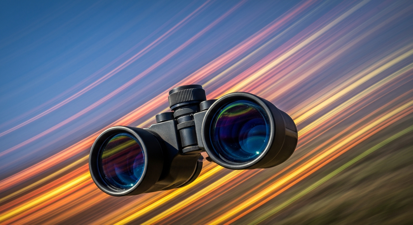 An abstract, blurred image of a pair of binoculars in motion, conveying the speed and energy of outdoor exploration through sweeping brushstrokes of vibrant color.