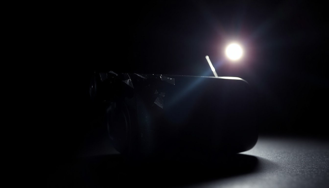 An extreme close-up photograph of a cracked and damaged police radio or dispatch equipment, lit by a harsh, direct camera flash against a pitch-black background, conceptually illustrating the consequences of abusing emergency services.