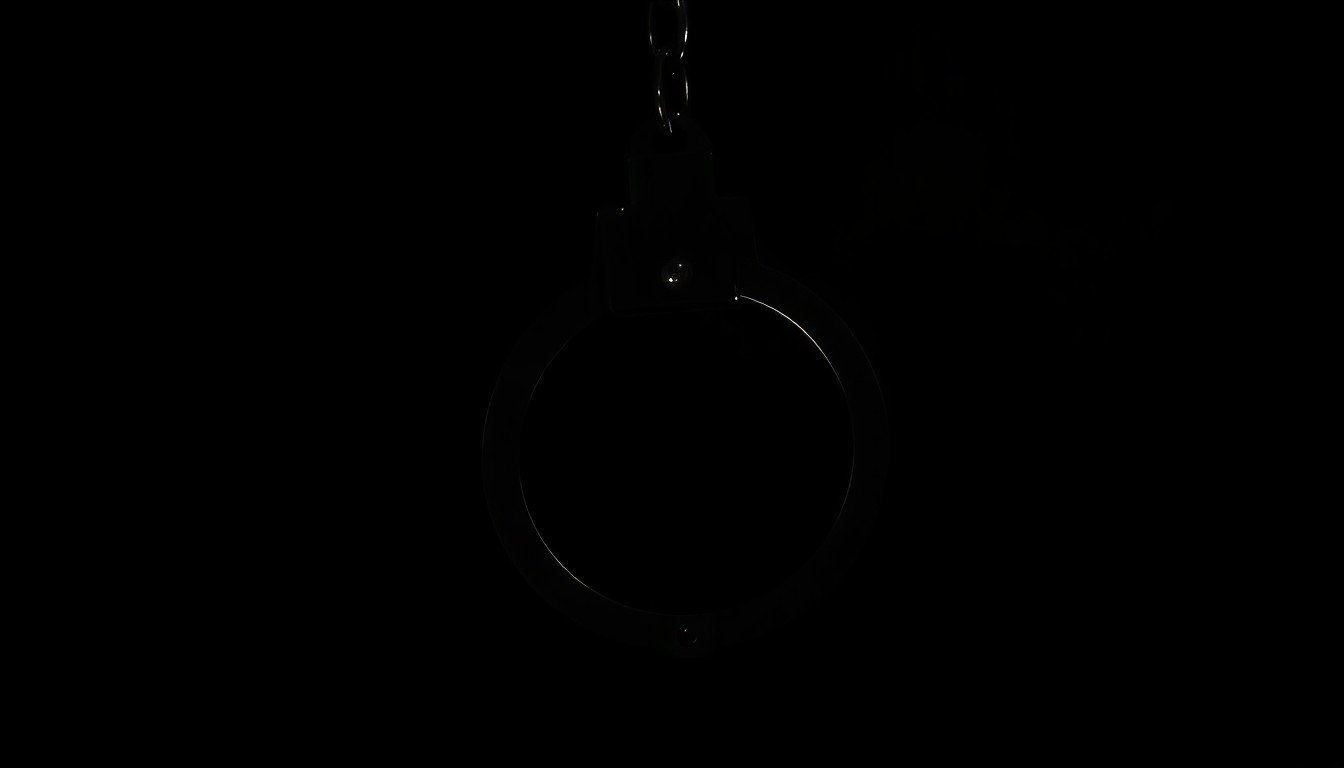 An extreme close-up photograph of a police handcuff against a pitch-black background, lit by a harsh, direct camera flash, conceptually illustrating the risks and challenges law enforcement officers face when responding to calls.