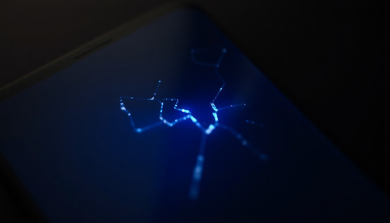 An extreme close-up photograph of a broken smartphone screen reflecting a faint blue light, conceptually illustrating the digital evidence seized in a child pornography investigation.
