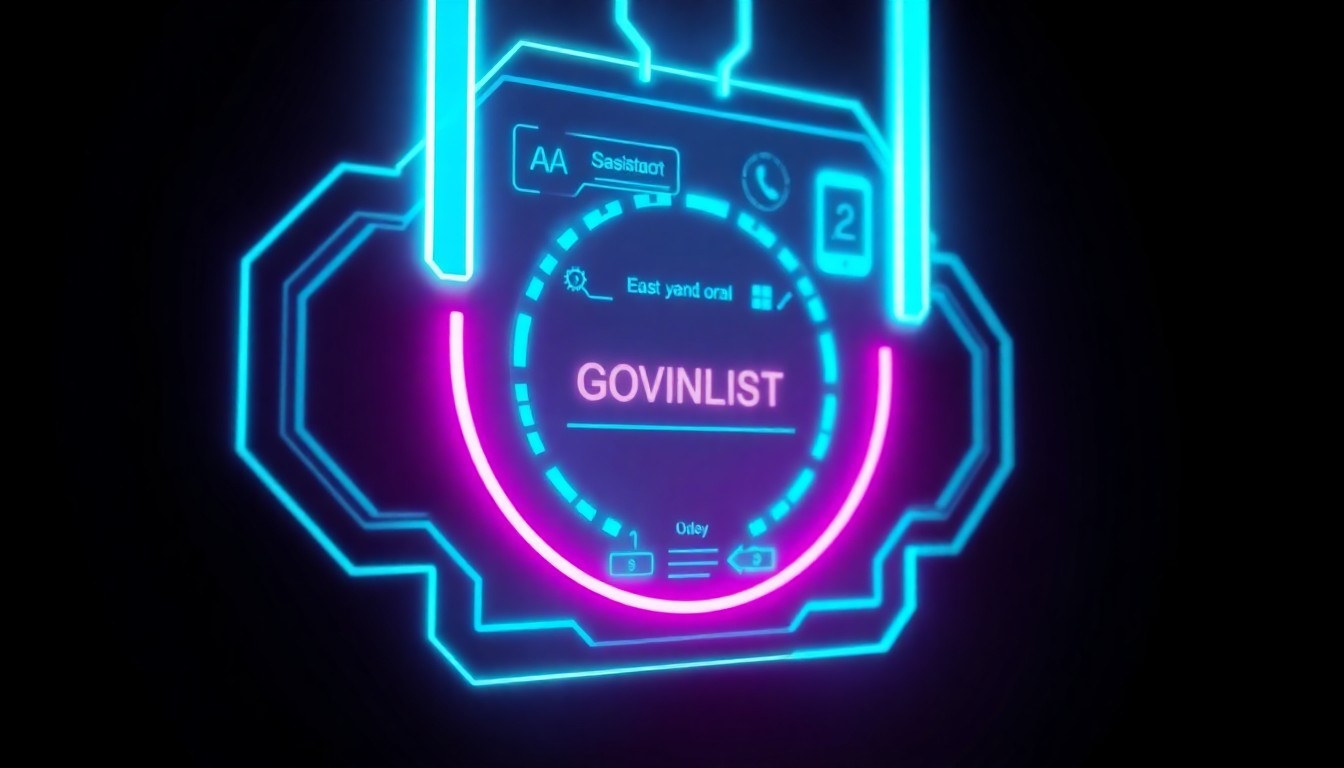 A highly detailed, glowing 3D illustration of a futuristic, neon-lit digital interface with pulsing cyan and magenta lights, representing the integration of advanced AI technology into local government services.