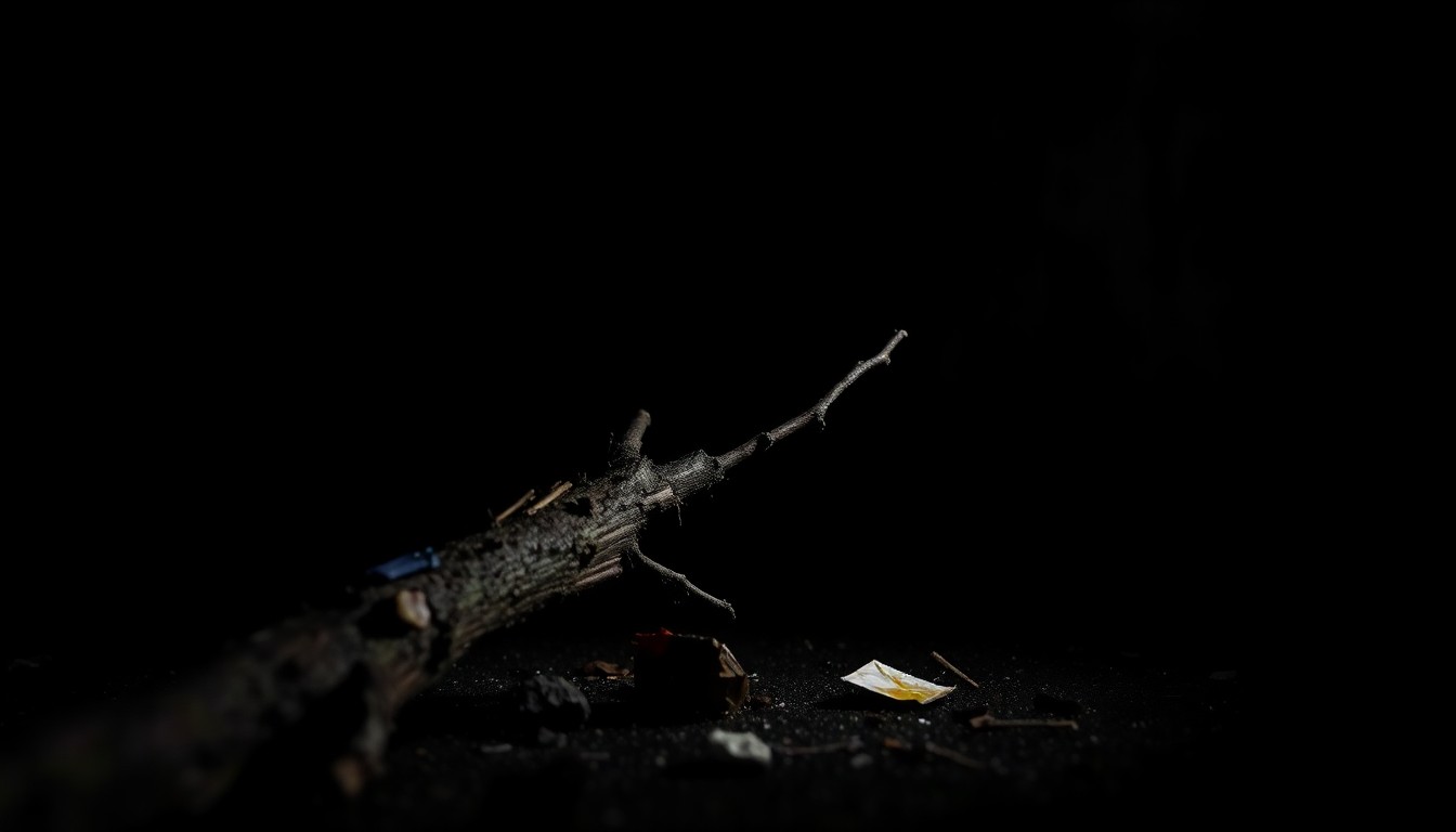 An extreme close-up photograph of a broken tree branch or discarded trash on the ground, dramatically lit by a harsh flash to create a stark, gritty aesthetic that conceptually represents the investigation into recent incidents on Patriots' Path.