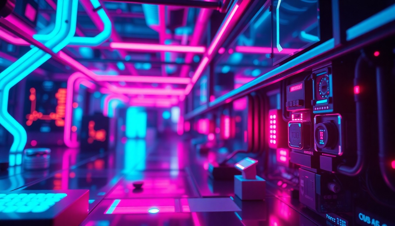 A highly detailed, glowing 3D illustration featuring various cybernetic hardware components and infrastructure, illuminated by neon cyan and magenta lights, conveying the complex and multifaceted ways teens are engaging with AI technology.