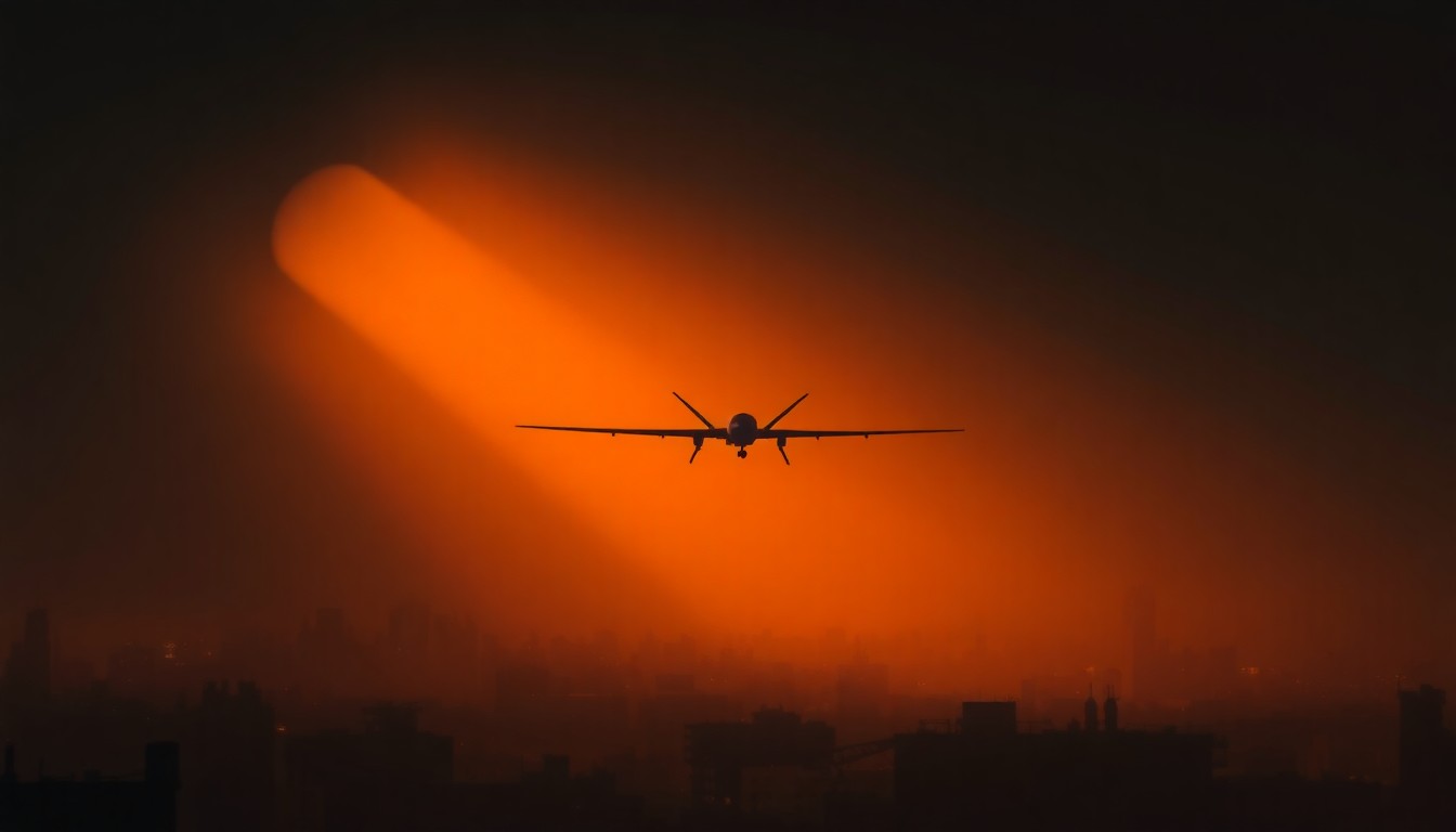 A serene, cinematic painting depicting the silhouette of a military drone or missile against a dimly lit urban skyline, with warm, diagonal sunlight and deep shadows, conveying a sense of contemplation and uncertainty around the moral implications of the conflict.