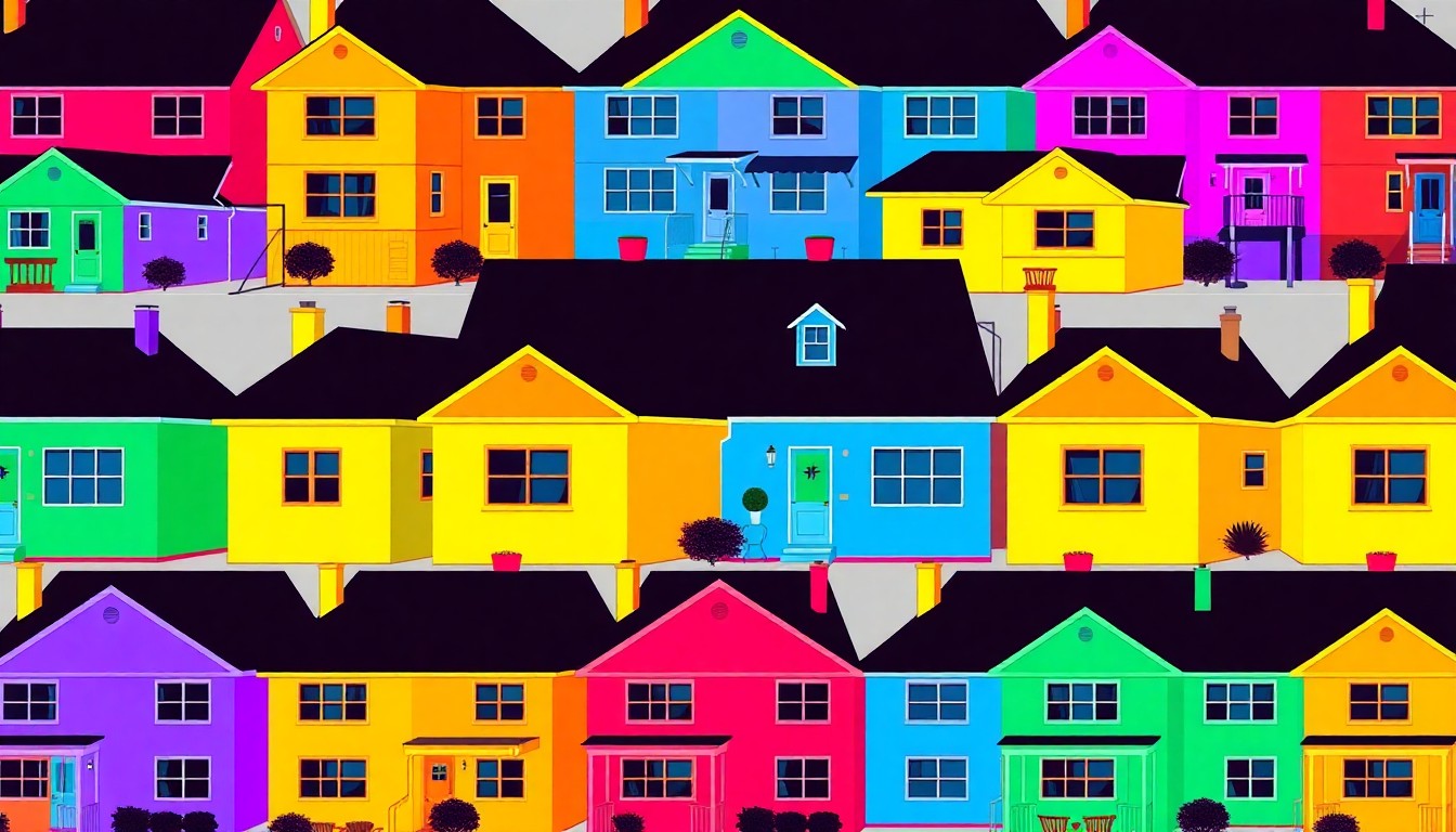 A bold, colorful silkscreen-style illustration featuring a grid of simple suburban houses in vibrant neon hues, conceptually representing the Levittown model of mass-produced, racially exclusive housing that contributed to lasting racial inequalities.