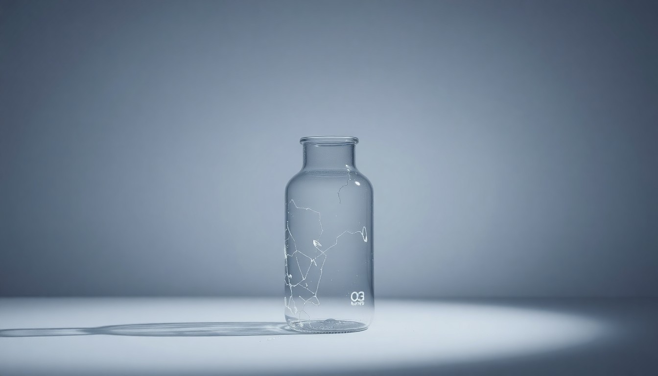 A photorealistic studio still-life image featuring a shattered glass vial or beaker set against a clean, monochromatic background, symbolizing the failure of uniQure's gene therapy candidate and the regulatory challenges faced by the company.