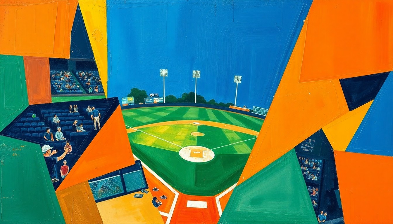 A cubist, geometric painting depicting a baseball game or match broken down into sharp, overlapping planes of navy blue, forest green, and burnt orange, conceptually representing a lineup change and strategic shift for the Yankees.