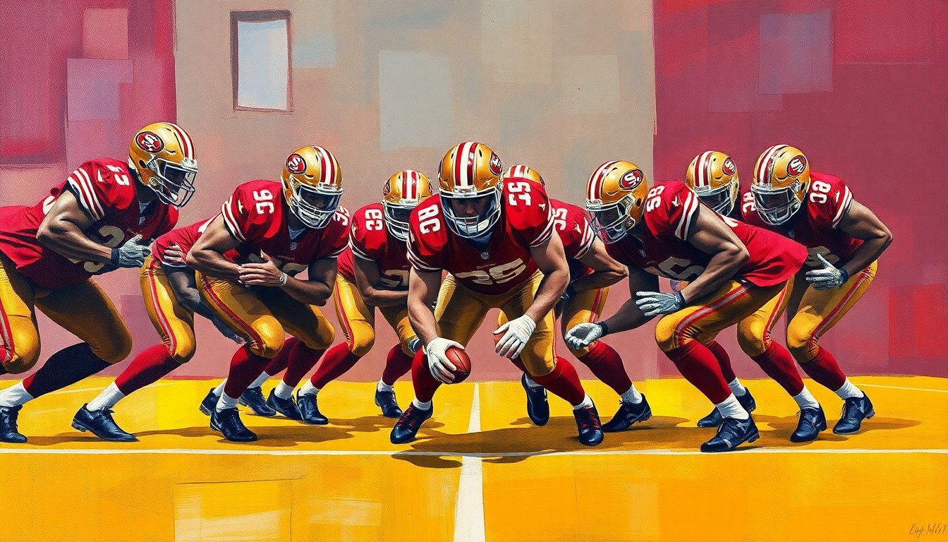 A cubist, geometric painting depicting the fragmented forms of football players in an offensive line, using the 49ers' signature colors of red and gold to represent the team's draft strategy.