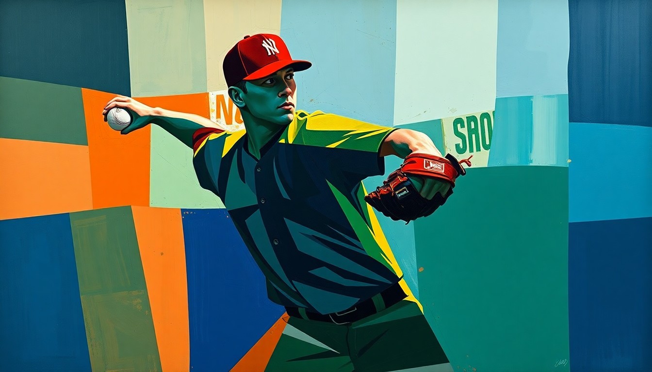 A fragmented, geometric painting depicting a baseball pitcher's motion broken down into sharp, overlapping planes of navy, green, and orange, conveying the challenges a rising star faces in developing his skills.
