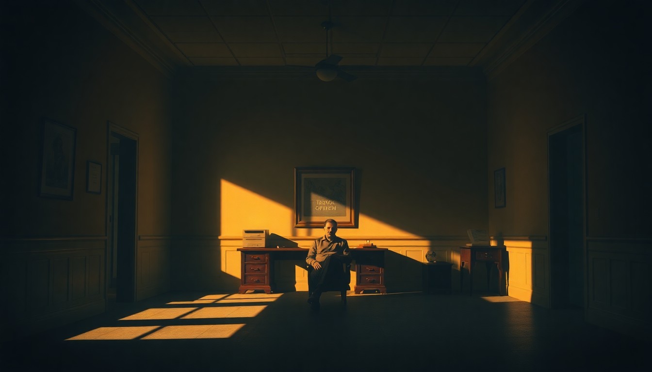 A solitary figure sits alone in a dimly lit government office, the space bathed in warm, diagonal sunlight and deep shadows, conceptually illustrating the political tensions at the heart of the Steve Bannon contempt case.