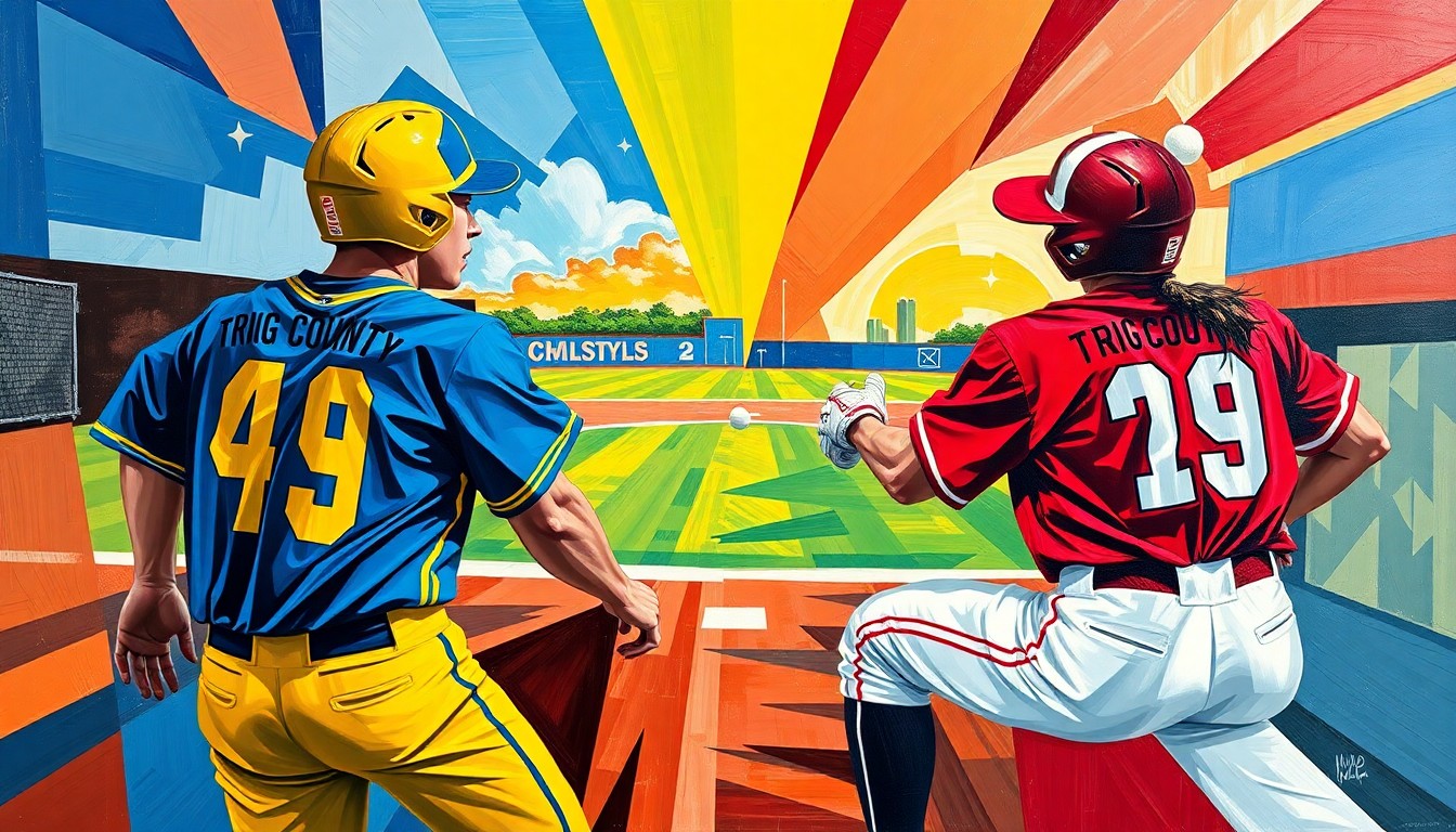 A cubist, geometric painting depicting the action and movement of a softball game, with the players and field fragmented into overlapping planes of vibrant blue, gold, red, and white.