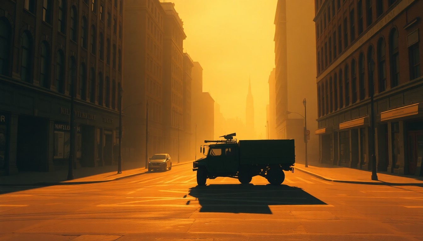 A cinematic painting of a lone military transport vehicle parked on a deserted city street, with warm light and deep shadows creating a pensive, nostalgic mood.