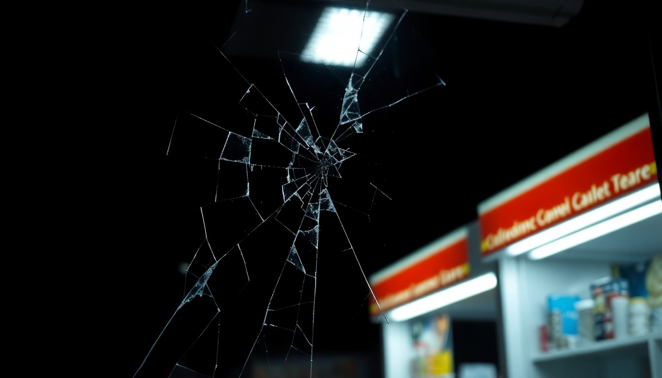 An extreme close-up of a cracked and damaged convenience store window, conceptually illustrating the violence experienced by retail workers.
