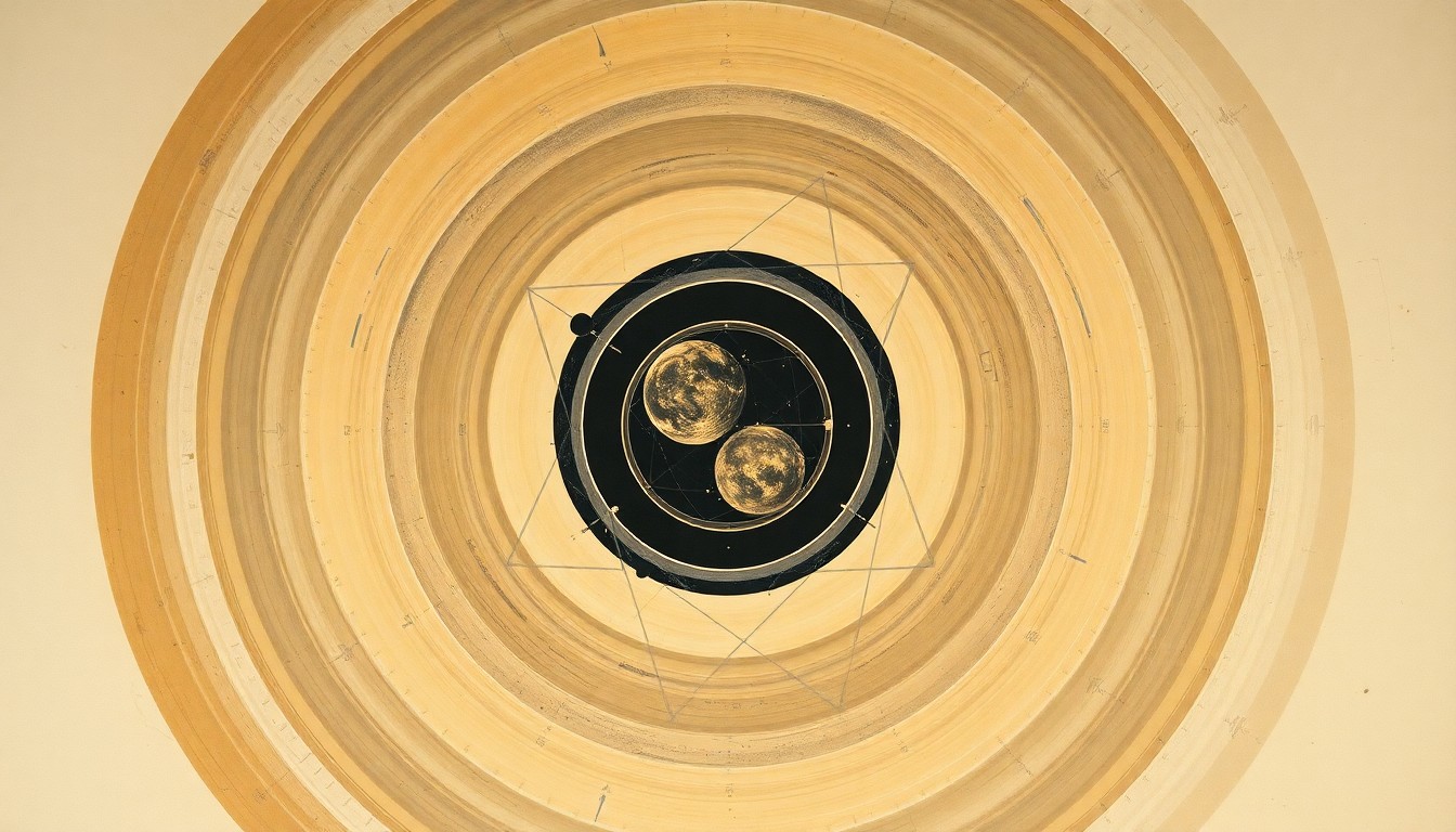 A bold, abstract painting featuring sweeping geometric arcs, concentric planetary circles, and precise botanical spirals in earthy tones, conveying the structural order and complex forces of space travel and lunar exploration.