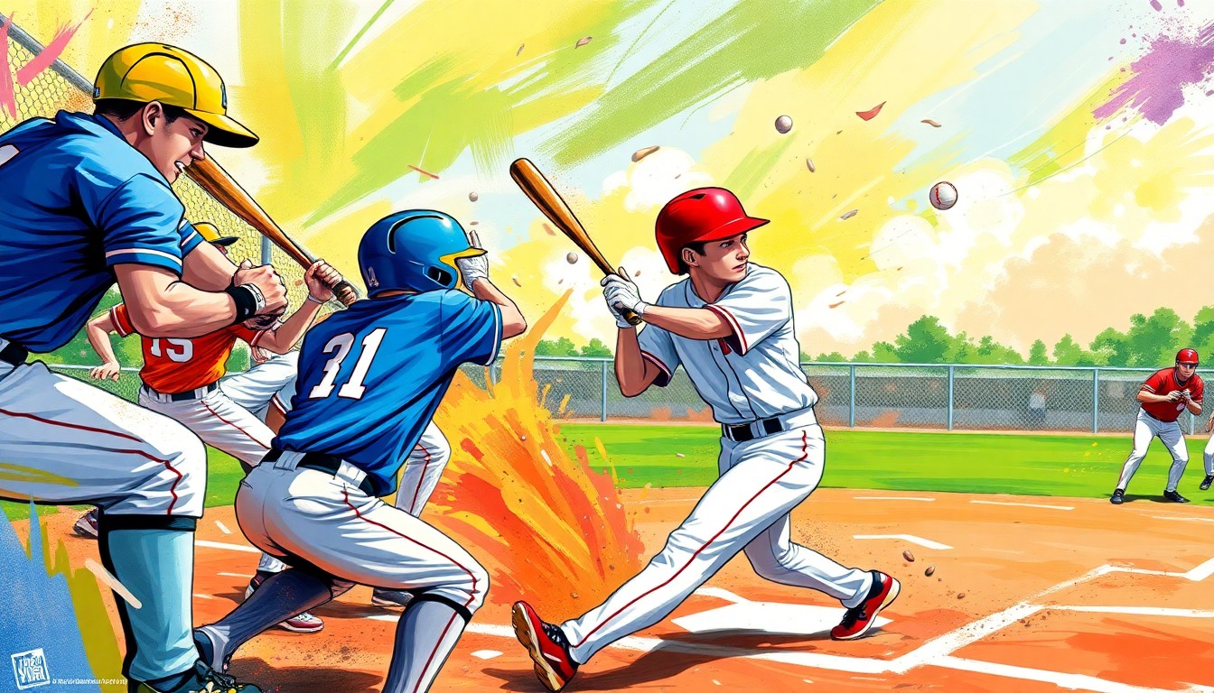 A vibrant, textured painting with bold brushstrokes depicting the intense action of a high school baseball game, with players in motion, bats swinging, and the ball in flight, conveying the spirit and energy of the sport.