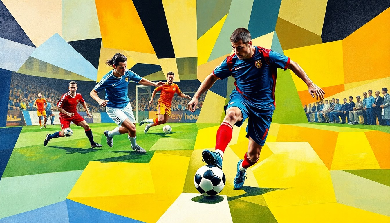 A cubist, geometric painting depicting a soccer match, with the players and field abstracted into sharp, overlapping shapes in a vibrant color palette, capturing the dynamic energy of the sport.