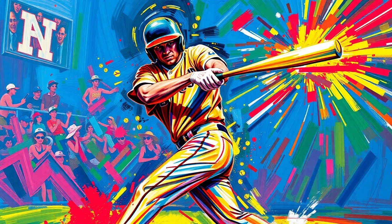 An extreme close-up of a softball player's bat making contact with the ball, captured in a vibrant, expressionist painting style using bold, neon-colored brushstrokes to convey the raw energy of the athletic movement.