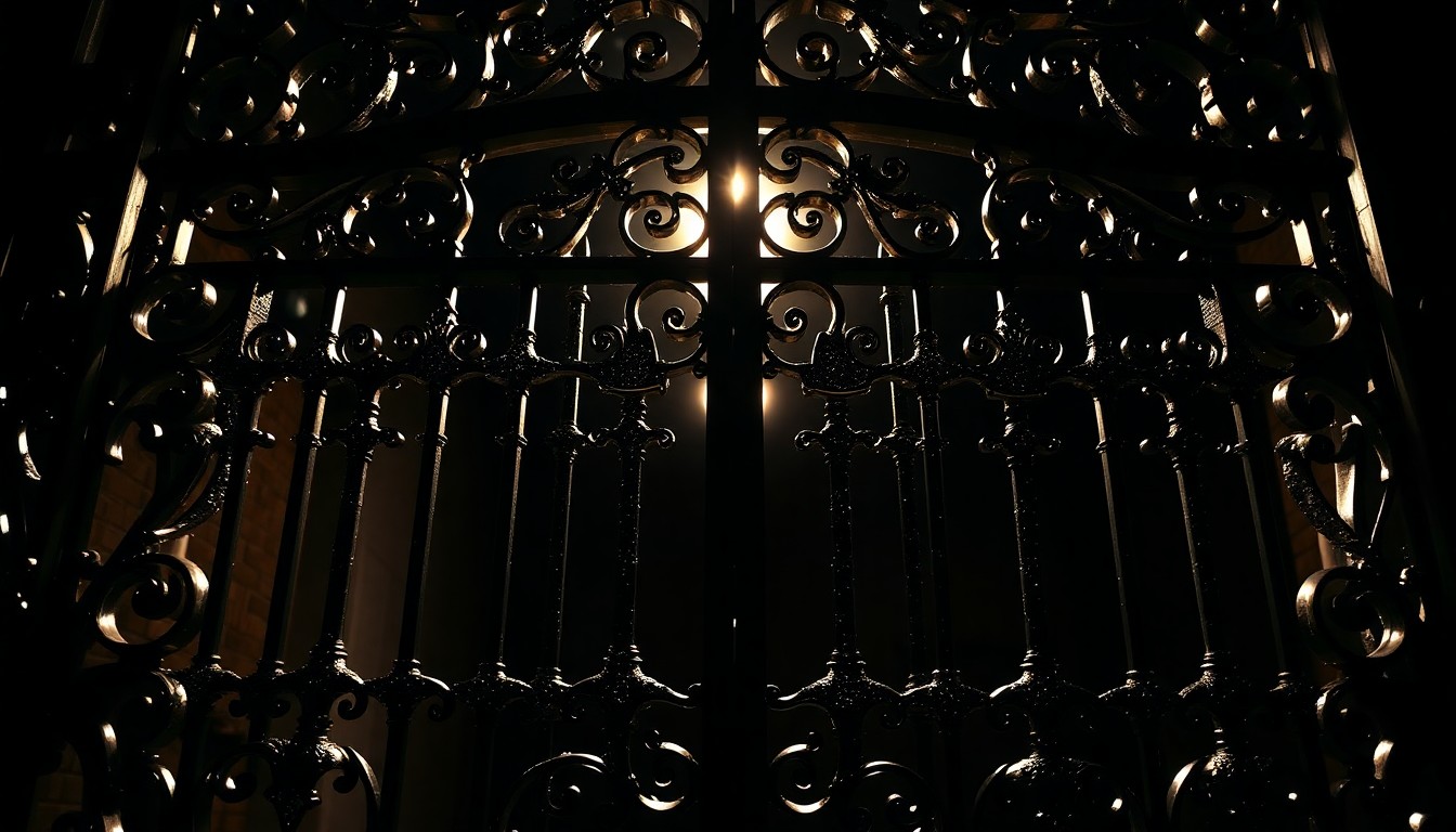 An extreme close-up photograph of the ornate, intricate metal gates of the Osbourne estate, capturing the glittering, high-contrast details of the wrought iron in a conceptual representation of the luxury and fame associated with the property.