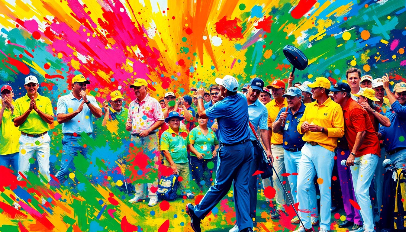 An abstract, expressionist painting in vibrant neon colors, capturing the energy and movement of a golf tournament with golfers, caddies, and spectators blending into a colorful, textured composition.