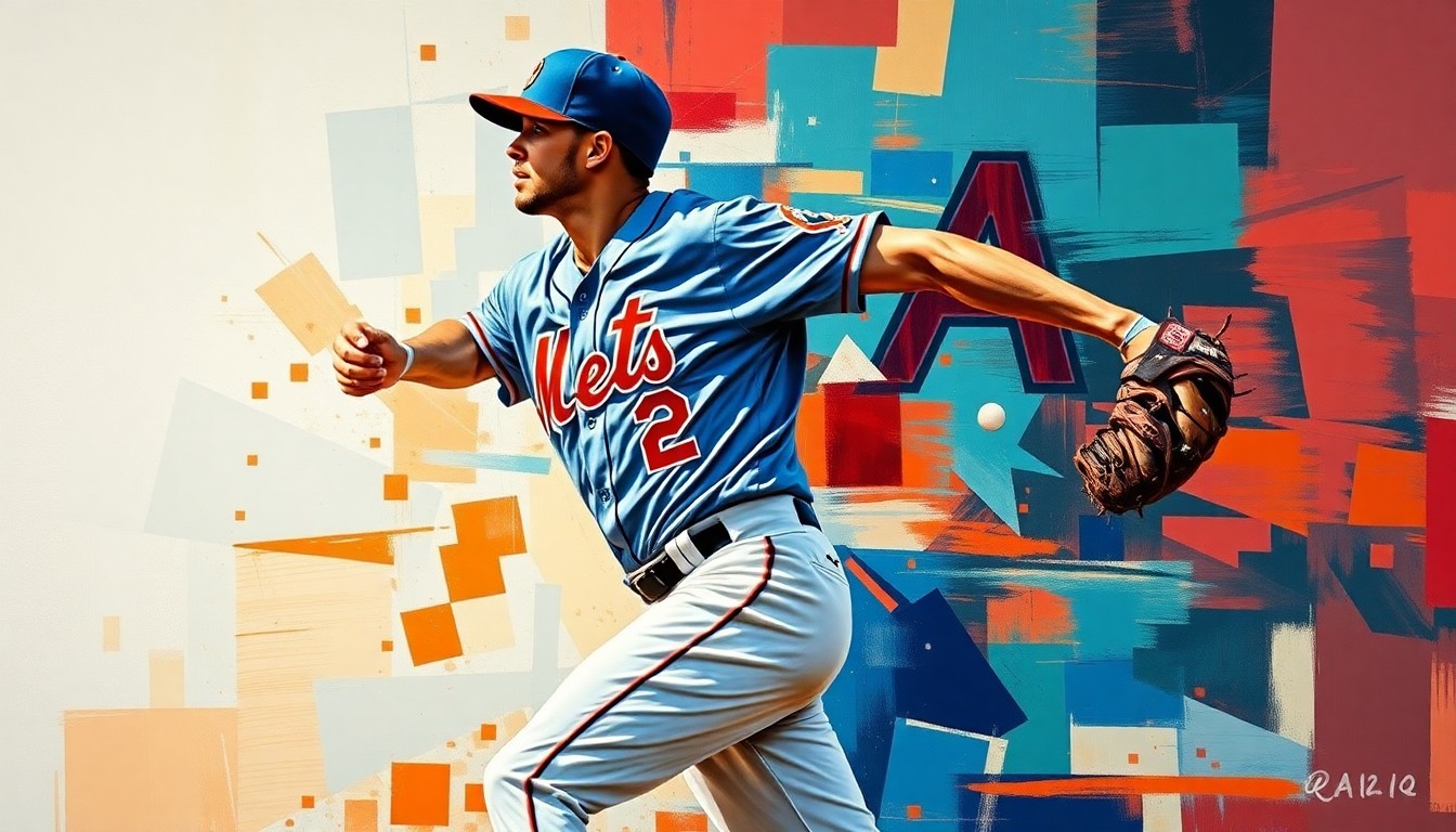 A fractured, multi-perspective painting depicting a baseball player's motion and the action of a baseball game, broken down into sharp, overlapping geometric planes in a cubist style. The player's jersey has the number 22, representing Juan Soto of the Mets, and the background features a mix of the Mets' and Diamondbacks' team colors.